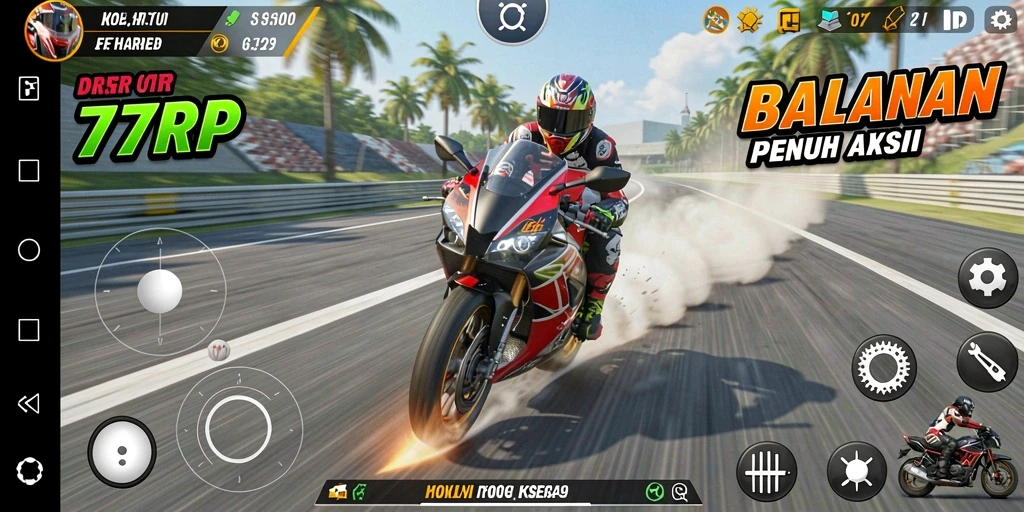 Tampilan gameplay seru dari 77RP dengan aksi balapan motor yang mendebarkan.