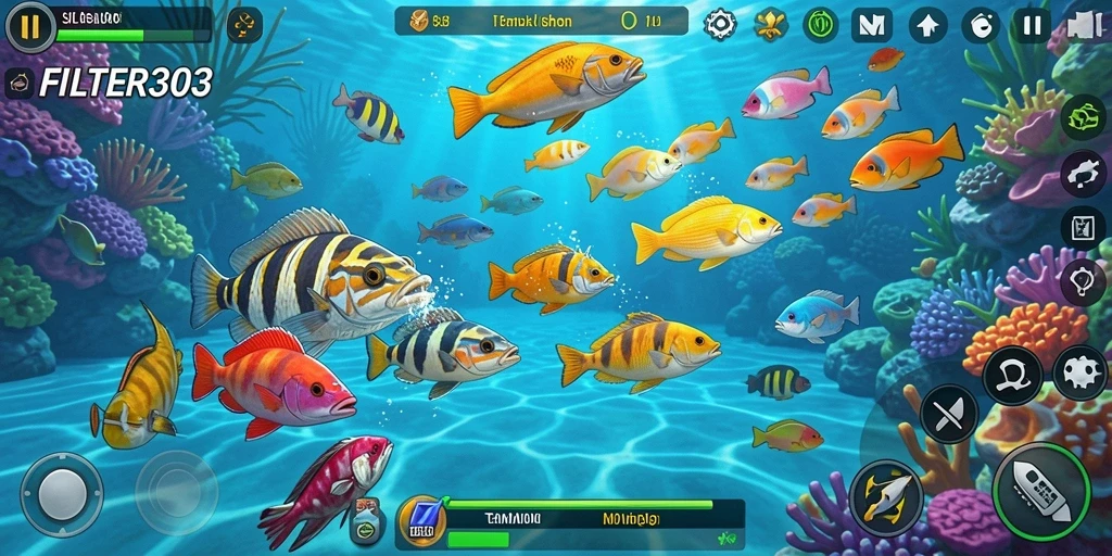 Tampilan gameplay FILTER303 saat menangkap ikan di bawah laut.