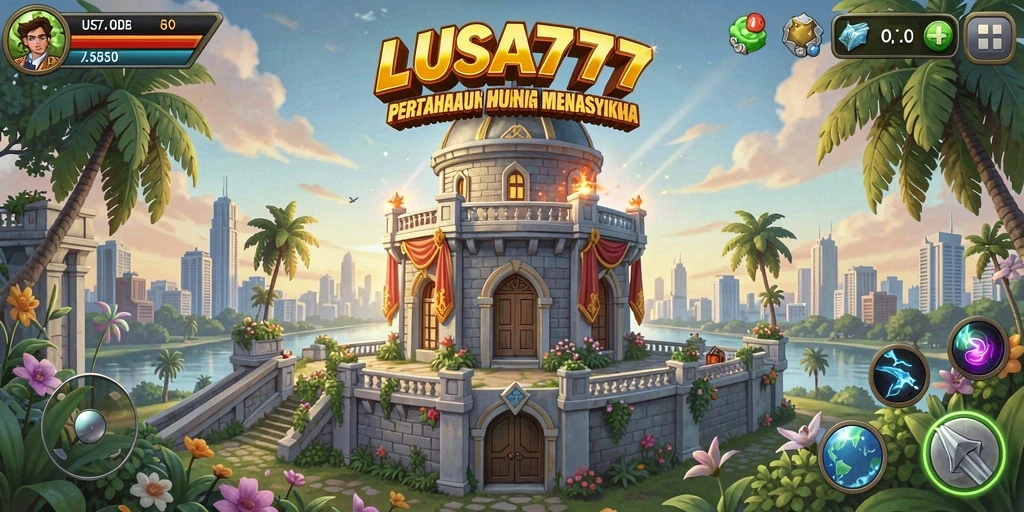 Tampilan utama gameplay LUSA777 dengan menara pertahanan yang menakjubkan.
