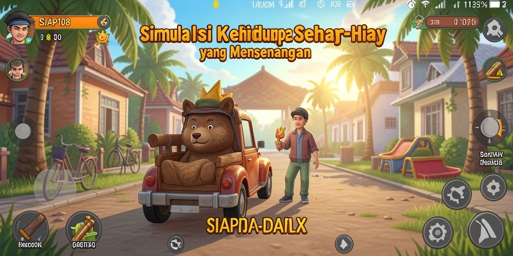Tampilan gameplay <strong>SIAP108</strong> yang menunjukkan interaksi karakter dan misi harian.