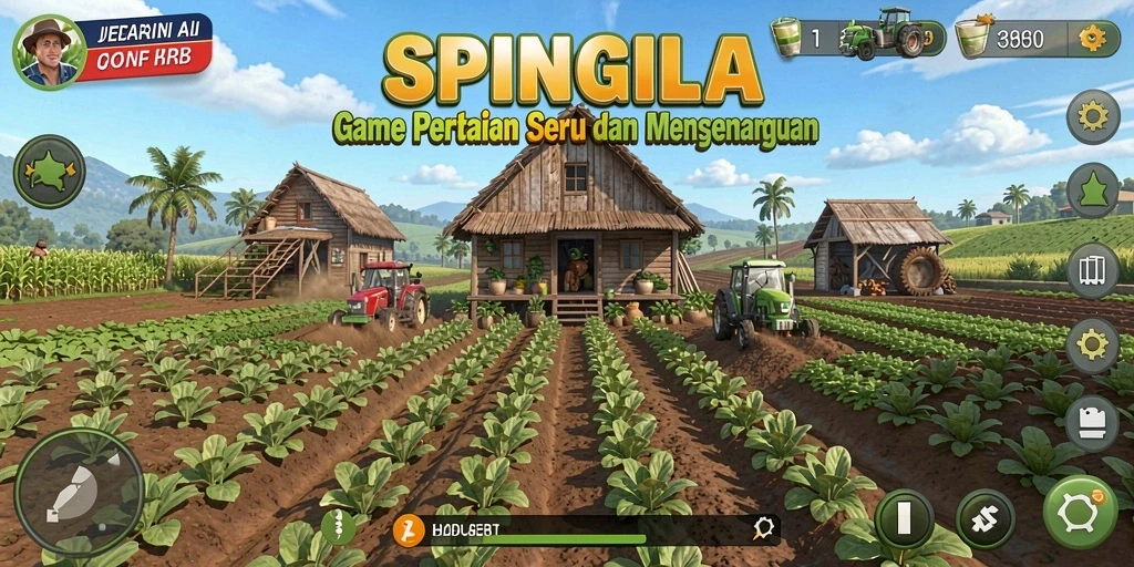 Screenshot gameplay SPINGILA menampilkan kebun yang indah dan tanaman beragam.